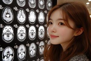 A woman standing in front of a large mri image photo