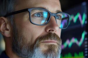 A man with glasses and a beard looking at a screen photo