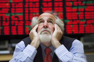 A man with a beard and tie sitting in front of a stock market board photo