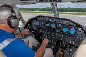 A man in a cockpit of a small airplane photo