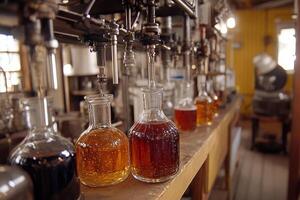 A row of bottles filled with different liquids photo