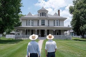 Two men wearing cowboy hats standing in front of a large house photo