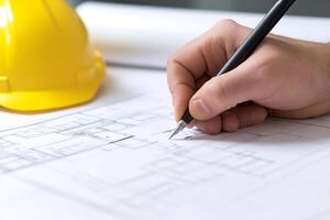 A person is drawing on a blueprint with a hard hat photo