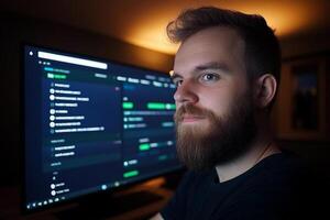 A man with a beard and a black shirt is looking at a computer screen photo