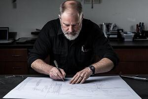 A man with a beard and glasses is working on a blueprint photo