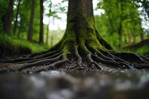 A tree with its roots exposed in the forest photo