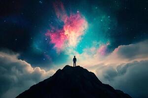 Man standing on top of mountain with colorful sky and stars photo