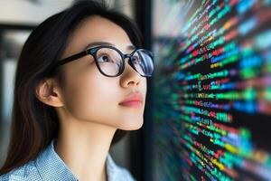 A woman in glasses looking at a computer screen with code photo