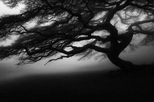 Black and white photograph of a tree in the fog photo
