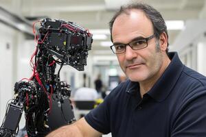 A man in glasses and a black shirt is posing with a robot photo