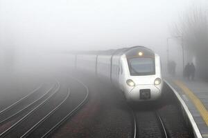 A train is moving through the fog on the tracks photo