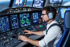 A man in a pilot's uniform is sitting at a computer photo