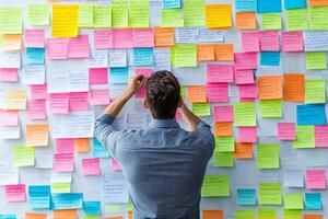 A man is looking at a wall covered in post it notes photo