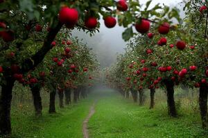 An apple orchard with rows of red apples photo