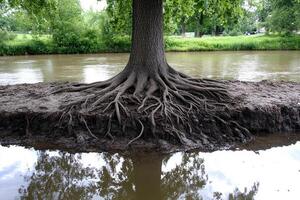 A tree with its roots in the water photo