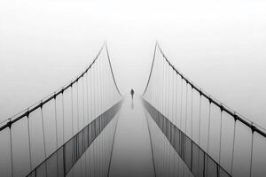 A person walking across a bridge in the fog photo