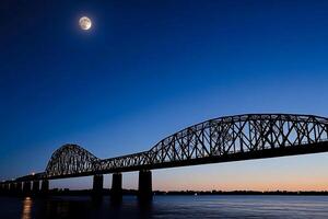 The moon rises over the mississippi river bridge in the evening photo