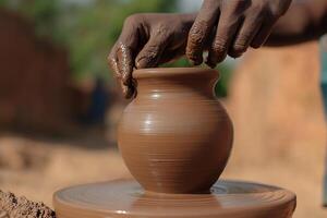 A person is making a pot out of clay photo
