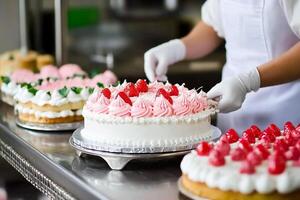 A person in white gloves is putting frosting on a cake photo