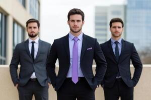 Three men in suits standing in front of a building photo