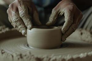 A potter's hands on a pottery wheel photo