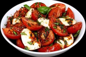 Tomato and mozzarella salad in a white bowl photo