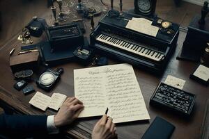 A man in a suit writing on a piece of paper surrounded by various items photo
