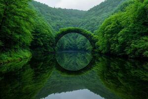 A bridge in the middle of a forest with trees reflecting in the water photo