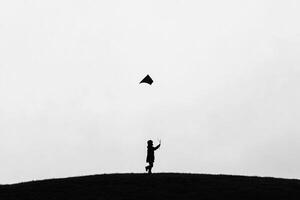 A person standing on a hill with a kite in the sky photo