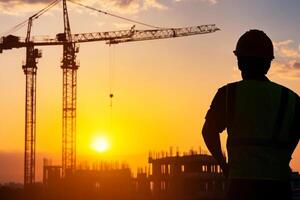 A man standing in front of a construction site with a crane in the background photo