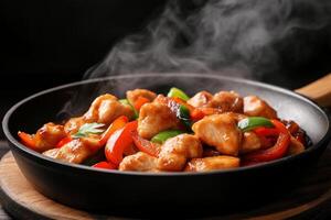 Chicken and peppers in a frying pan photo