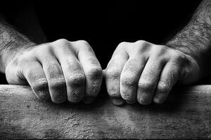 Hands of a man holding a piece of wood photo