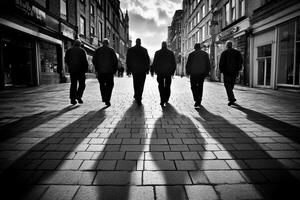 A group of men walking down a street with their shadows photo