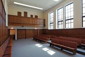A large empty room with wooden benches and windows photo
