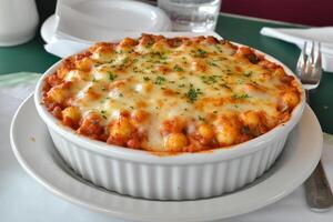 A white dish with a lot of cheese on it photo