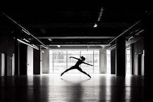 A woman in a black and white photo is jumping in the air