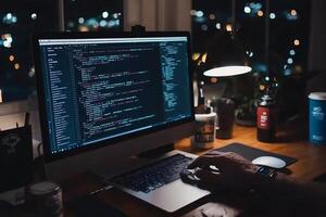 A person is working on a computer with code on it photo