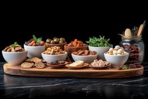 A wooden tray with different types of nuts and dried fruits photo
