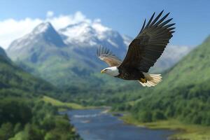 An eagle flies over a mountain range with a river photo