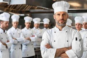 A man in a chef hat standing in front of a group of chefs photo