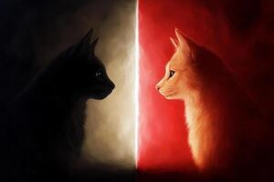 Two cats facing each other in a dark room photo