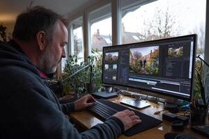 A man is working on a computer screen with a picture of a house photo