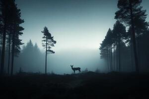 A deer stands in the foggy forest at night photo