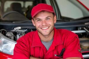 A smiling man in a red shirt is standing next to a car photo