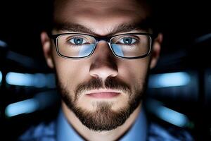 A man with glasses and a beard in a dark room photo