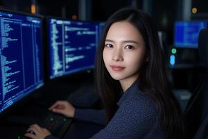 A woman sitting in front of three computer monitors photo