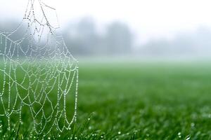 A spider web covered in dew on a grassy field photo