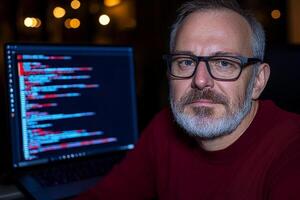 A man with glasses and a beard sitting in front of a computer screen photo