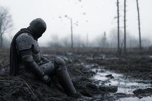 A man in armor sitting in the mud photo
