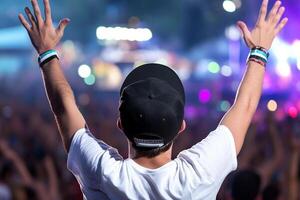 A man with his hands up at a music festival photo